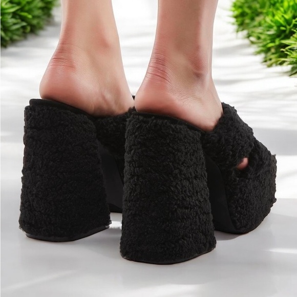 Black Fuzzy Square Toe Platform Mule - Picture 4 of 6